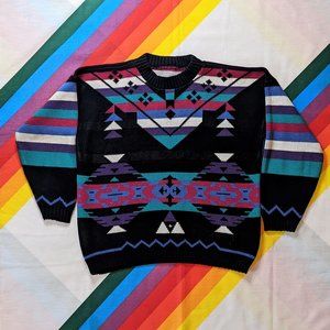 90s Vintage Colorful Abstract Multi-pattern Knit Sweater